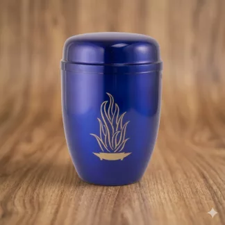Stahlurne blau lasierend mit Flammenmotiv