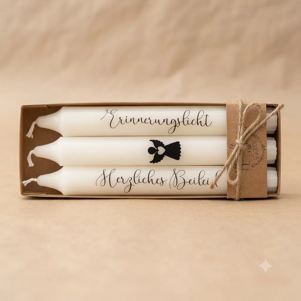 Trauerkerzen-Set 'Erinnerungslicht' - 3 Stück mit einfühlsamen Sprüchen und Engel-Motiv