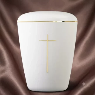 Biologisch abbaubare Bio Urne cremeweiß mit goldenem Kreuz und Goldrand der Serie Stripdome