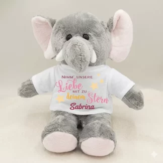 Weiches Elefant Kuscheltier für Sternenkinder mit bedrucktem T-Shirt mit Namen und Trostspruch