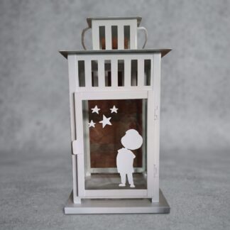 Witterungsbeständige Grablicht-Laterne für Sternenkinder mit Jungen-Motiv und tröstenden Sprüchen im Format 28 cm