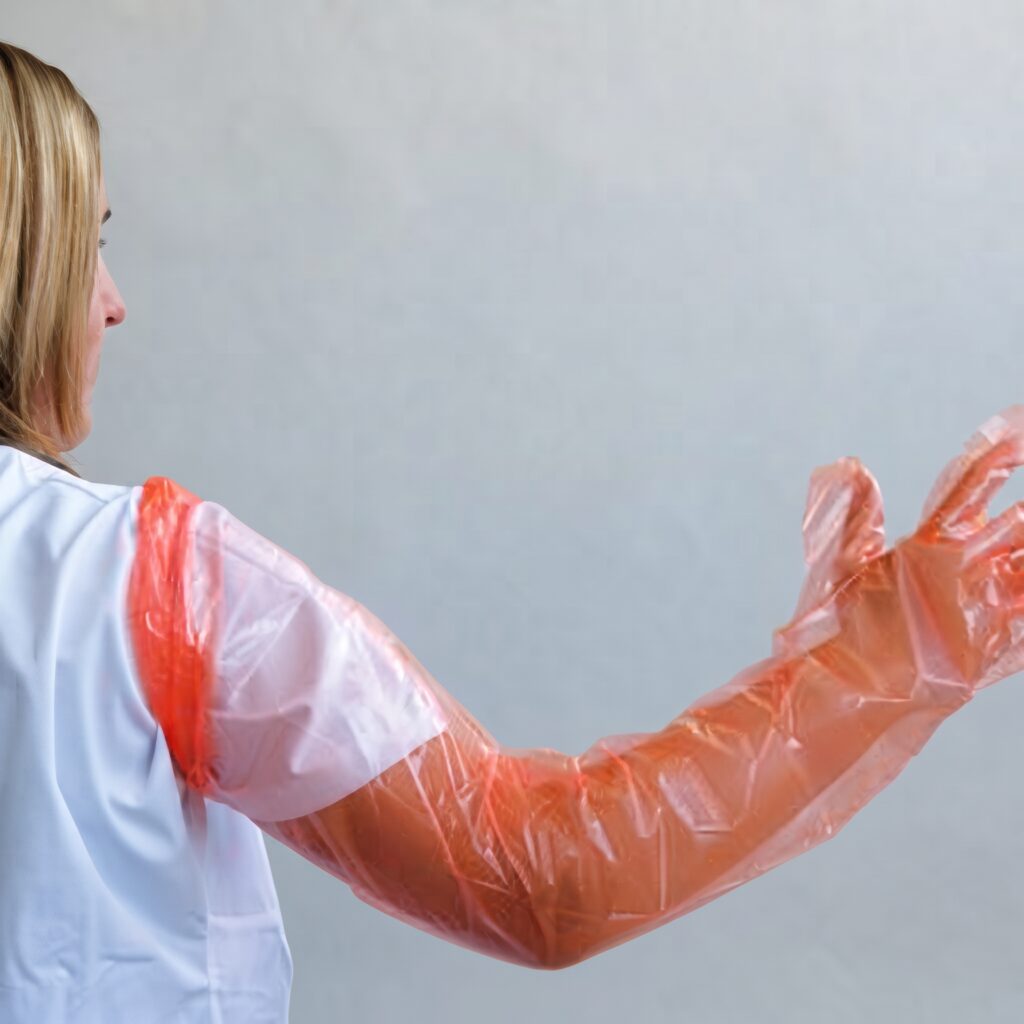 Schulterlange Einmal-Handschuhe aus weichem Polyethylen im 100er-Karton für hygienische Arbeiten und Schutz vor Verunreinigungen