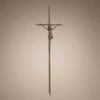 Elegantes Sargdeckelkreuz aus Metall in alt Gold mit filigranem Korpus und einer Länge von 62 cm für die stilvolle Sargdekoration