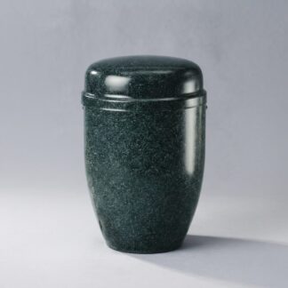Grün gesprenkelte und spritzpatinierte Stahlurne im Format 27 Zentimeter mit edler Metallstruktur