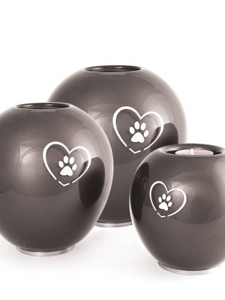 Glas Tierurne Herz & Pfoten Kugel, mit Teelichtleuchter, Farbe Granit - kleine Urne
