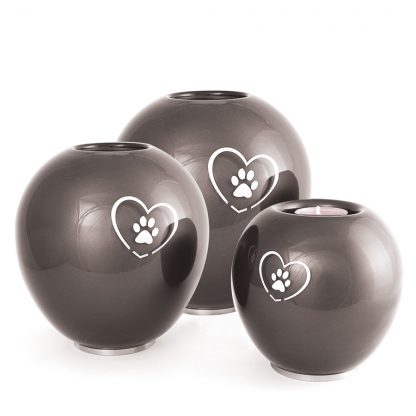 Glas Tierurne Herz & Pfoten Kugel, mit Teelichtleuchter, Farbe Granit - kleine Urne