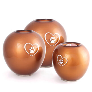 Glas Tierurne Herz & Pfoten Kugel, mit Teelichtleuchter, Rostbraun - mittlere Urne