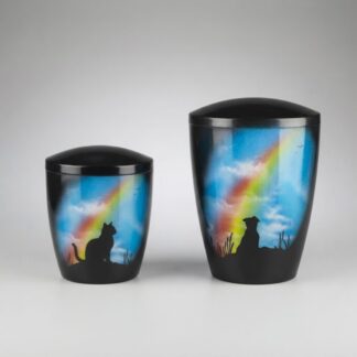 Handgefertigte, biologisch abbaubare Tierurne mit Regenbogen-Airbrush-Motiv und glitzernden Sparkling Star-Effekten für Hunde und Katzen