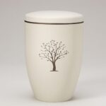 Naturstoffurne, Beige Velours - Tampondruck - Deckel brauner Rand, Motiv: Baum