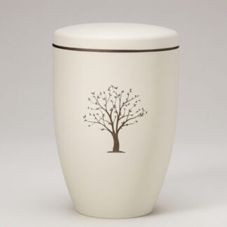 Naturstoffurne Beige Velours mit Motiv Baum und braunem Deckelrand für biologisch abbaubare Bestattungen