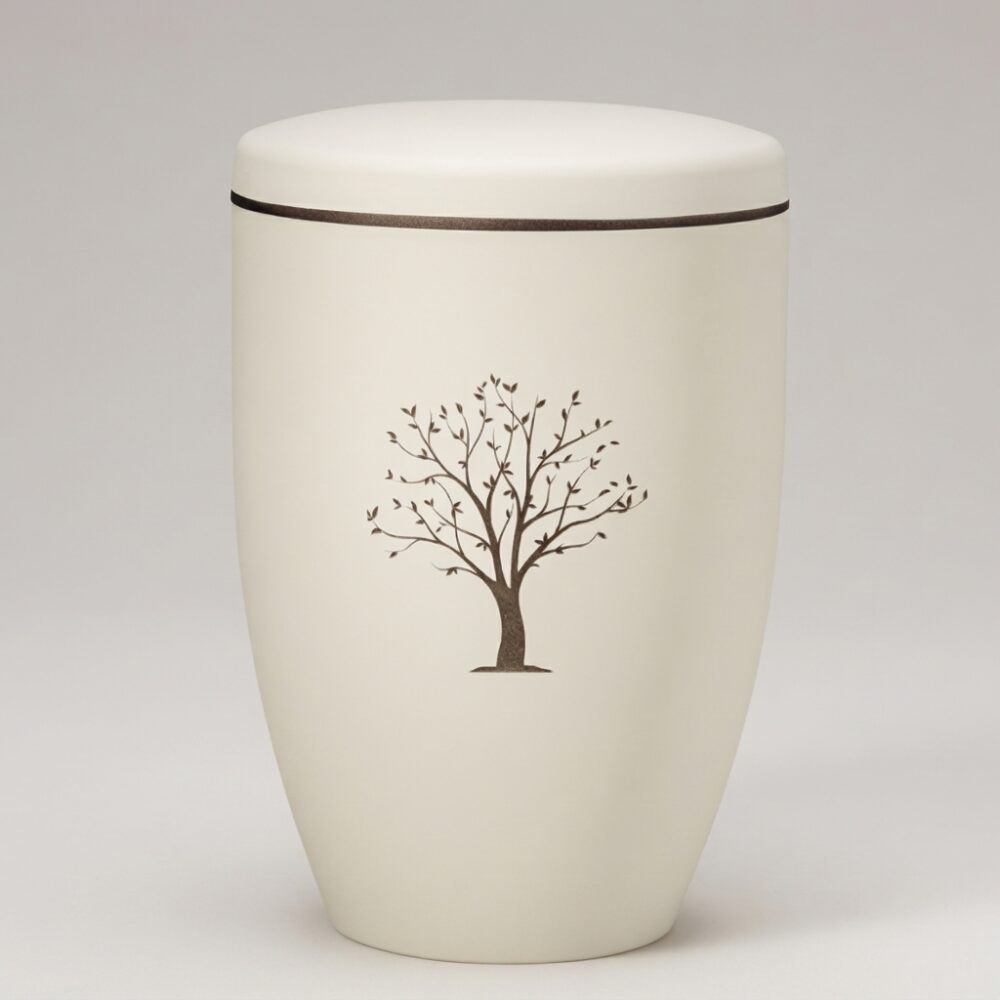 Naturstoffurne Beige Velours mit Motiv Baum und braunem Deckelrand für biologisch abbaubare Bestattungen