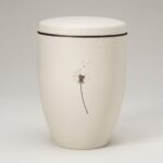 Naturstoffurne, Beige Velours - Tampondruck - Deckel brauner Rand, Motiv: Pusteblume