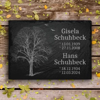 Doppelgrabstein Liegeplatte aus Schiefer mit Lebensbaum Gravur für Familiengräber