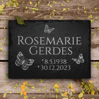 Gedenkstein Schmetterling aus Schiefer mit Gravur und Inschrift