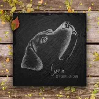 Hundegrabstein mit Foto Gravur aus Schiefer für den Garten mit Hundemotiv