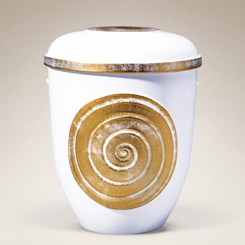 Helle Keramikurne in Weiß mit kunstvoll geschwungenen, gold schattierten Spiralen für einen edlen und würdevollen Abschied