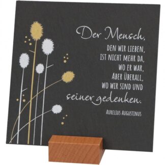 Schiefertafel Gedenken 12x12 cm farbig bedruckt, mit Holzsockel zum Aufstellen