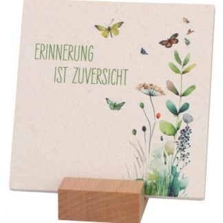 Natursteintafel Erinnerung 10x10 cm farbig bedruckt, mit Holzsockel zum Aufstellen