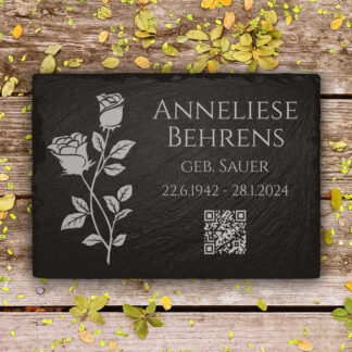 Schiefer Grabplatte inkl. QR-Code & Rosen-Gravur aus Naturschiefer mit präziser Lasergravur für digitale Erinnerungsseiten
