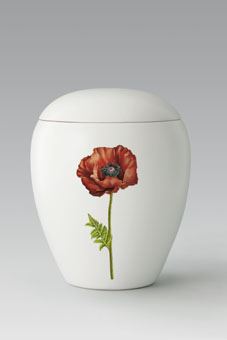 Keramikurne - Edition Bianco, handgemaltes Blumenmotiv "Mohn"