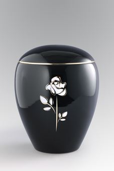 Keramikurne - tiefschwarz glänzend, Motiv "Rose"