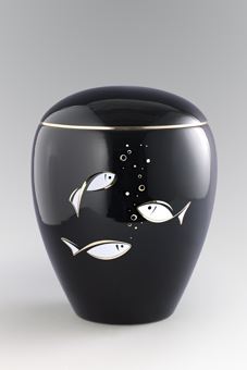 Keramikurne - tiefschwarz glänzend, Motiv "Fische"