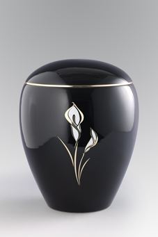 Keramikurne - tiefschwarz glänzend, Motiv "Calla"
