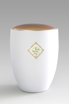 Keramikurne - Florentina Ceramica, Oberfläche samtweiß, Deckel golden, Motiv "Mosaikblume";