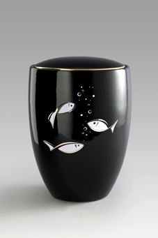 Keramikurne - Florentina Ceramica, tiefschwarz glänzend, Motiv "Fische"