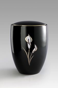 Keramikurne - Florentina Ceramica, tiefschwarz glänzend, Motiv "Calla"